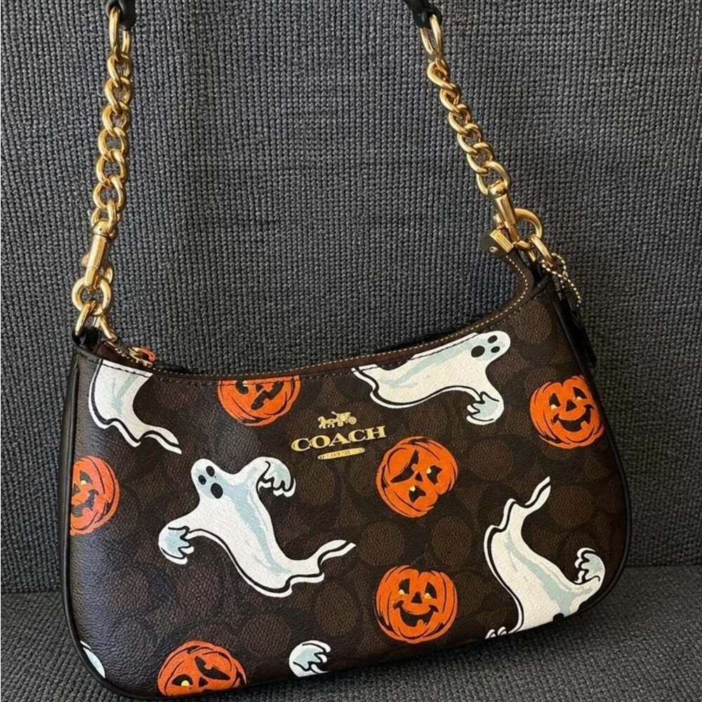 Coach Brown Shoulder Bag with White Ghosts and Orange Pumpkins